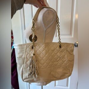 Isaac Mizarhi Elegant Cream Quilted Tote Bag